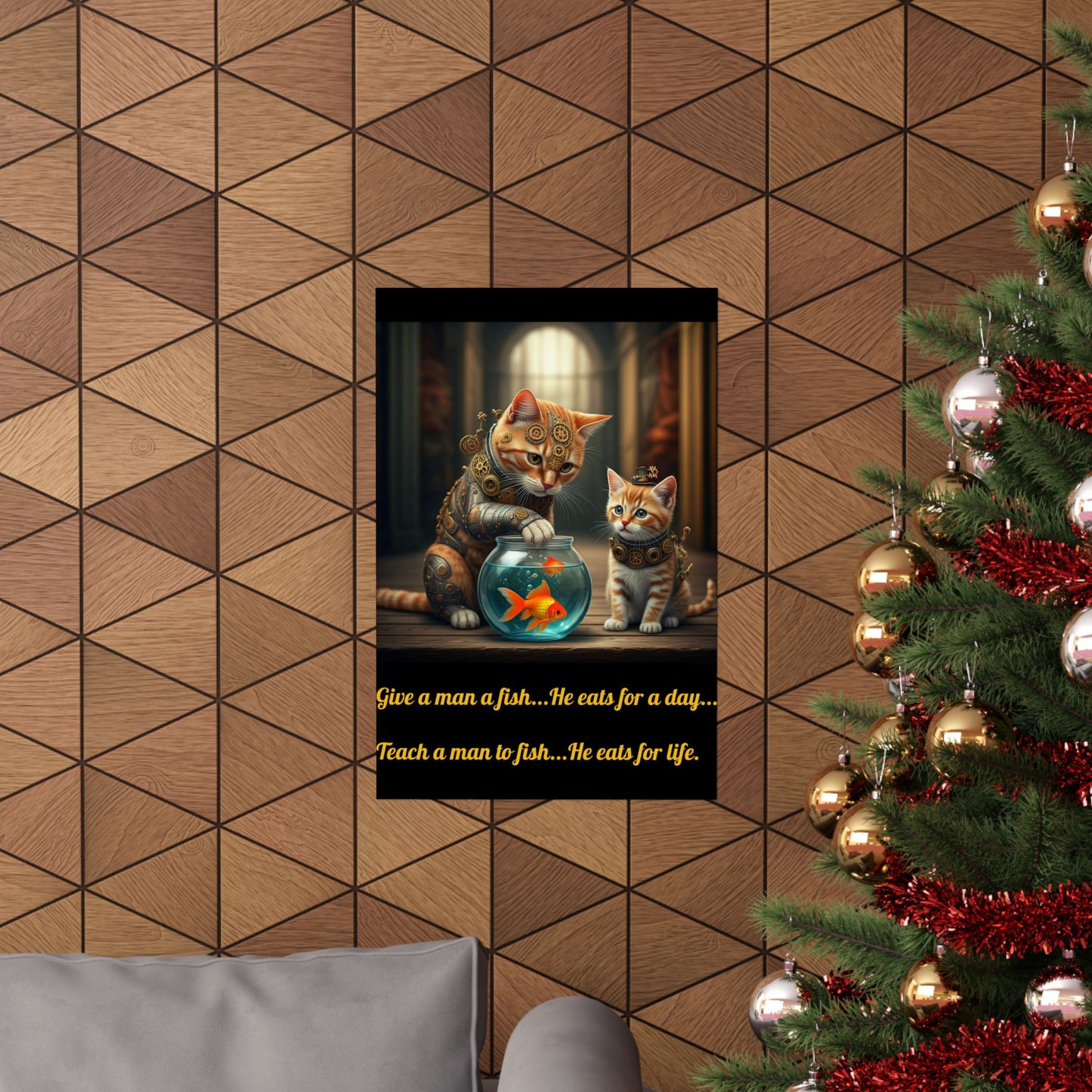 Matte Poster - Cute Steampunk Cat and Kitten Fishing Design wise saying, Vertical Wall Art Print Decor, Unique Kitty Artwork,