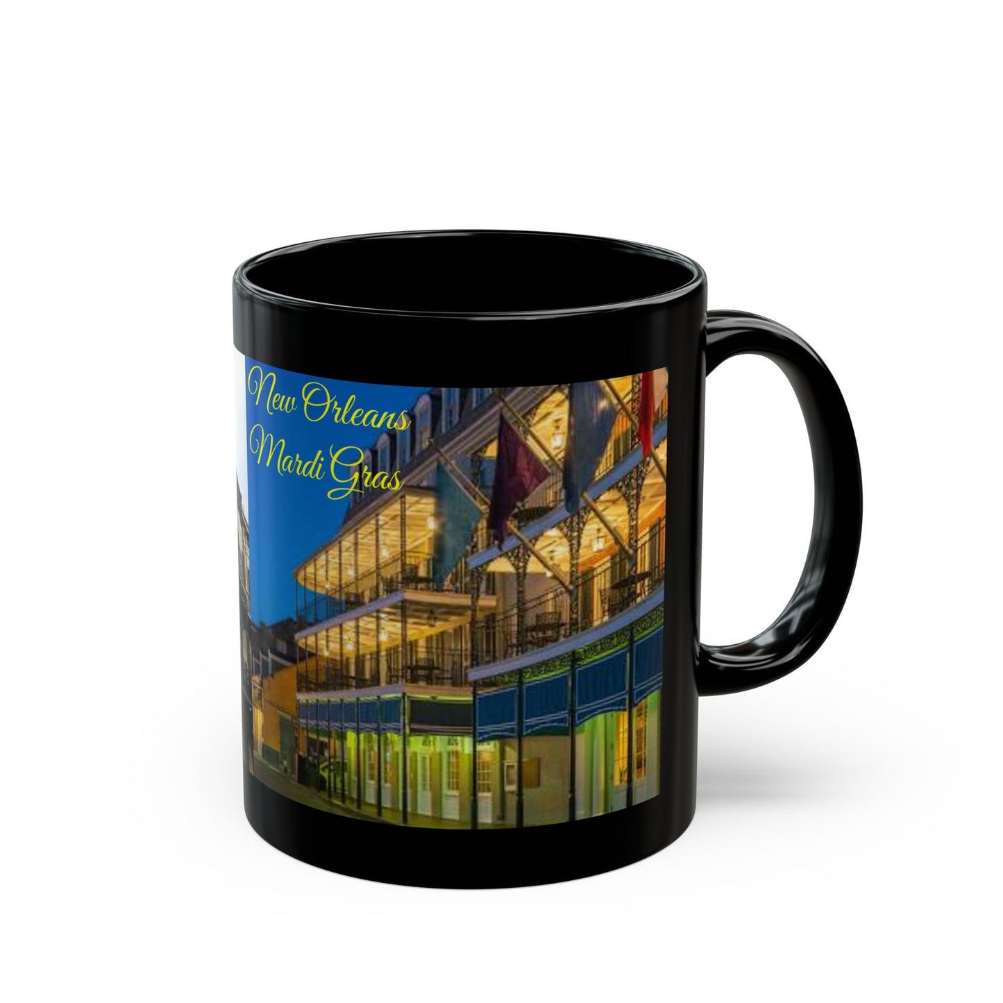 Mardi Gras Mug, New Orleans Bourbon Street, Black 11oz, 15oz Coffee Cup