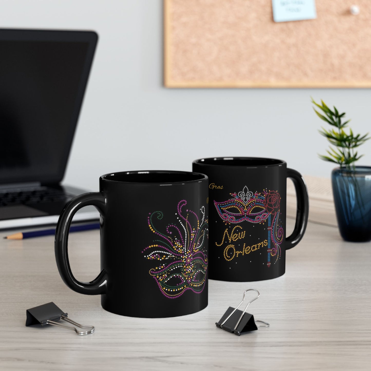 Mardi Gras Bead Masks Black Mug - (11oz, 15oz)