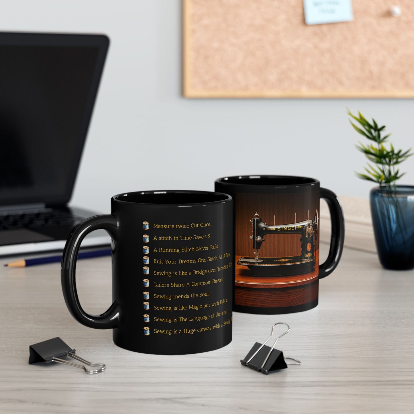 Sewing Theme Mug, Black Coffee Cup with Sayings (11 oz, 15 oz)