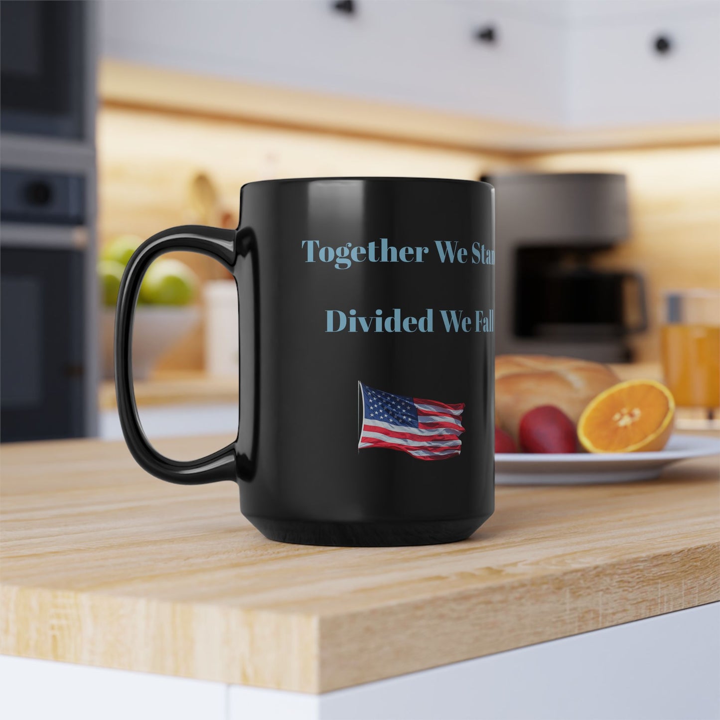 United We Stand Black Mug, Patriotic American Coffee Cup USA Pride Mug.
