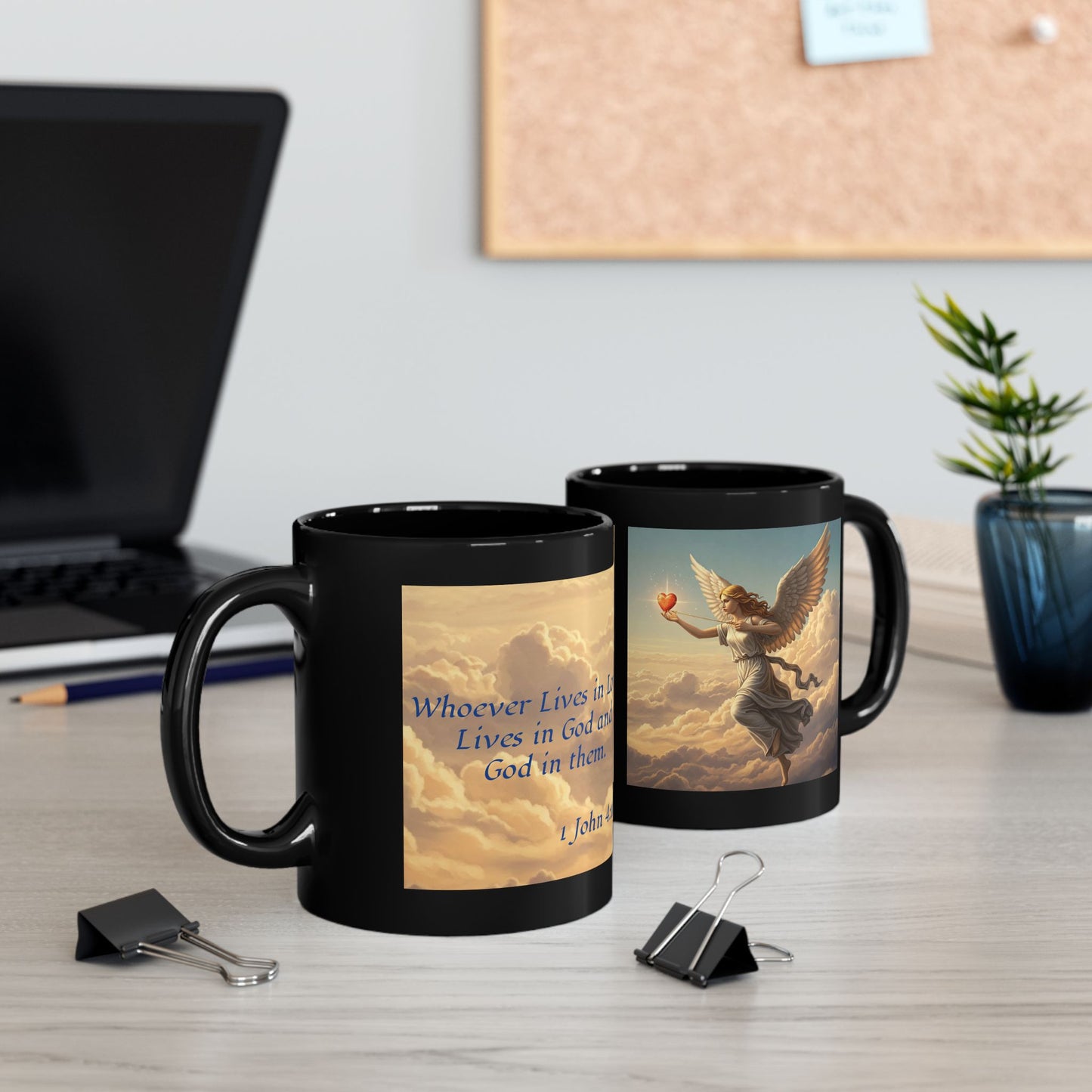 Cupids Angel, 1 John 4:16 Quote, Religious Black Mug (11oz, 15oz)