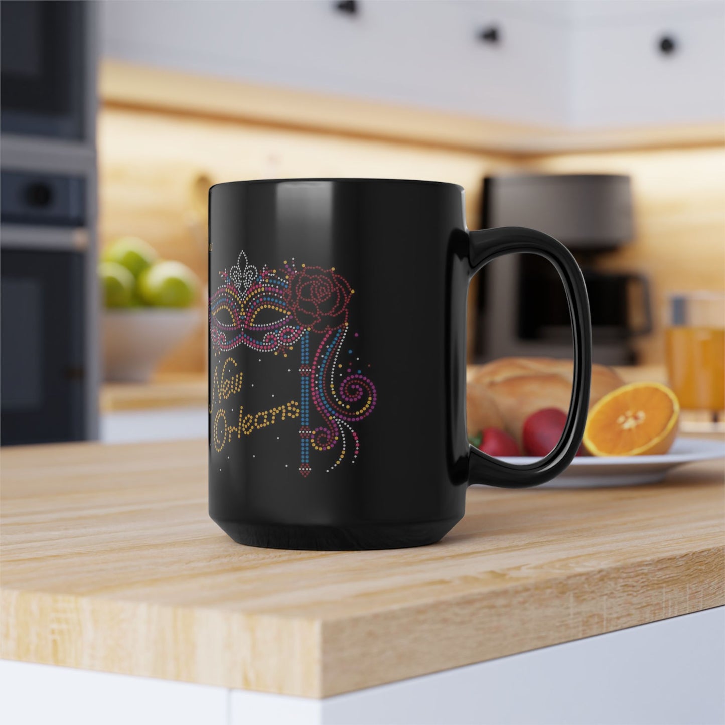 Mardi Gras Bead Masks Black Mug - (11oz, 15oz)