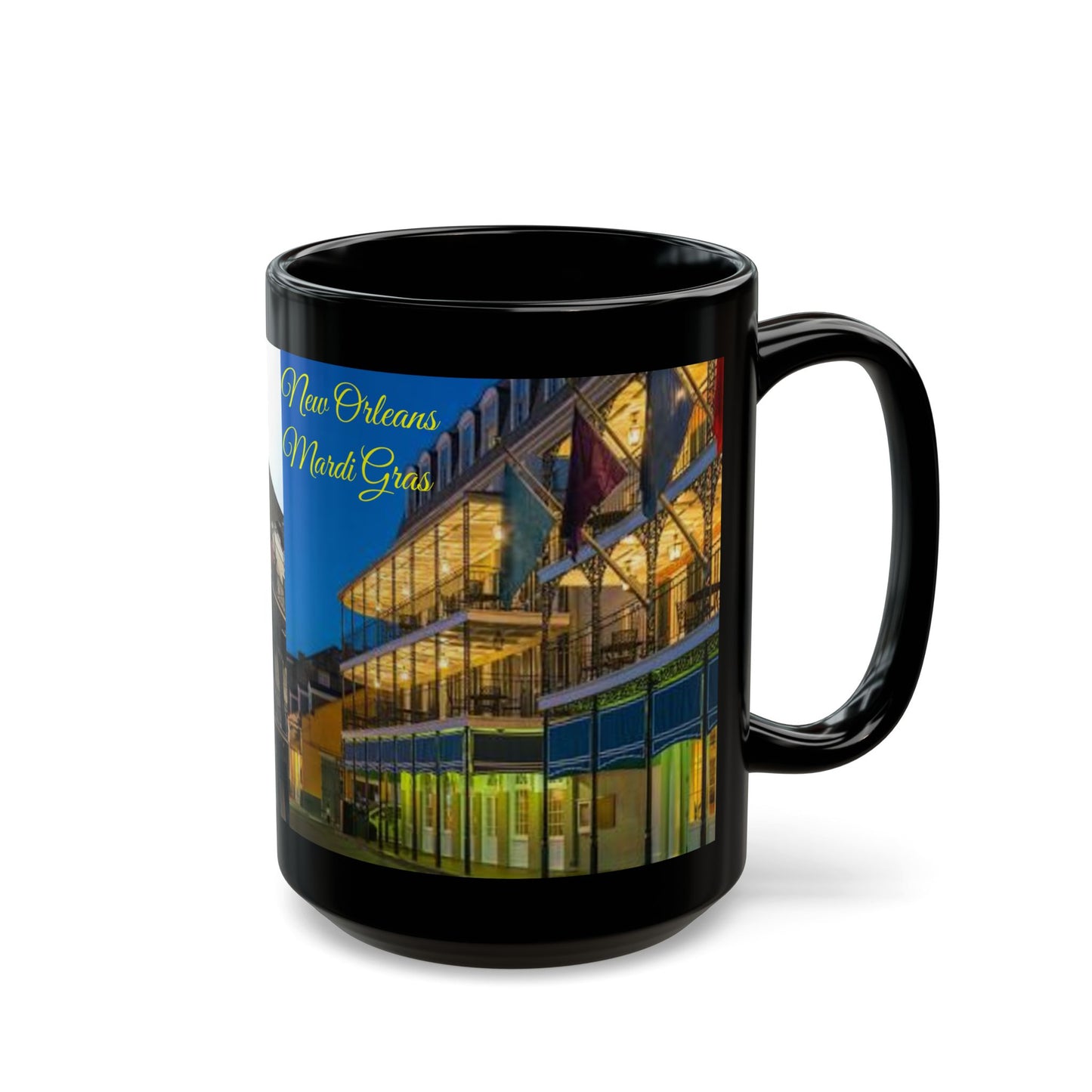 Mardi Gras Mug, New Orleans Bourbon Street, Black 11oz, 15oz Coffee Cup