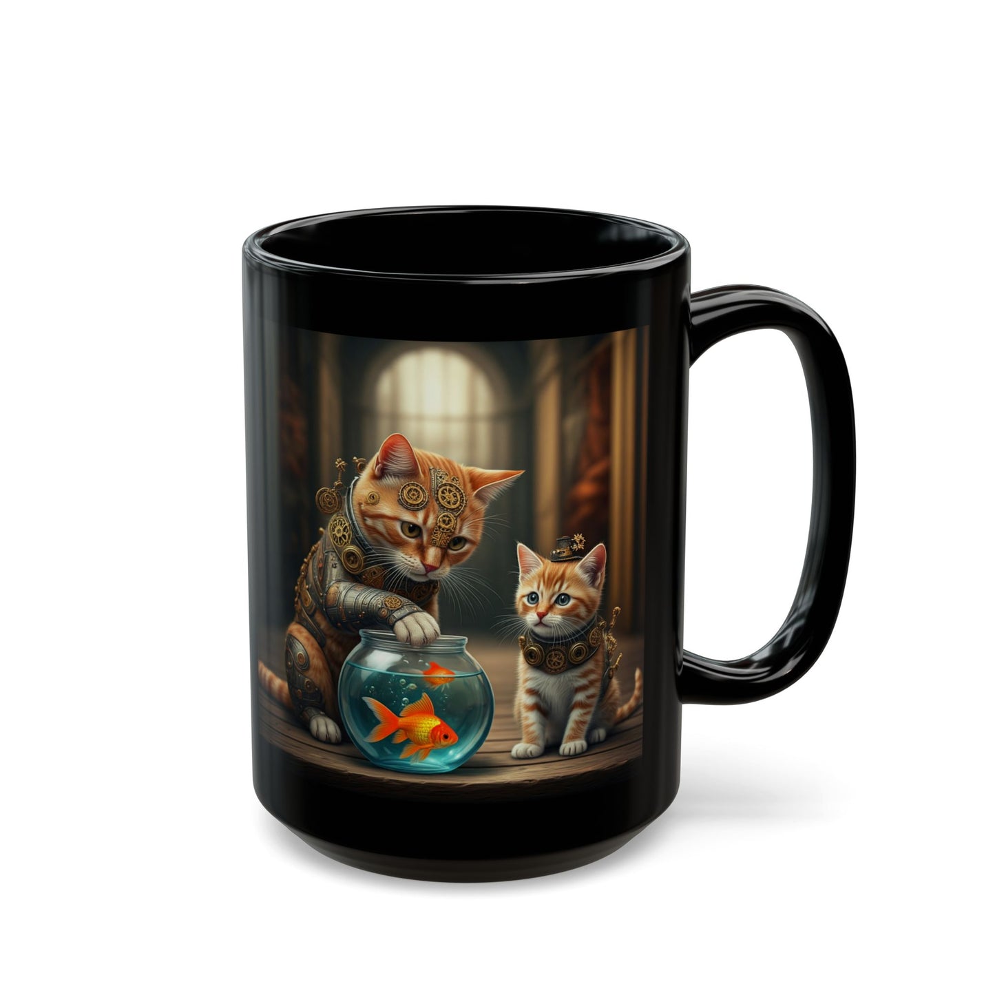 Mug - Cute Steampunk Cat and Kitten Fishing Design (11oz, 15oz)