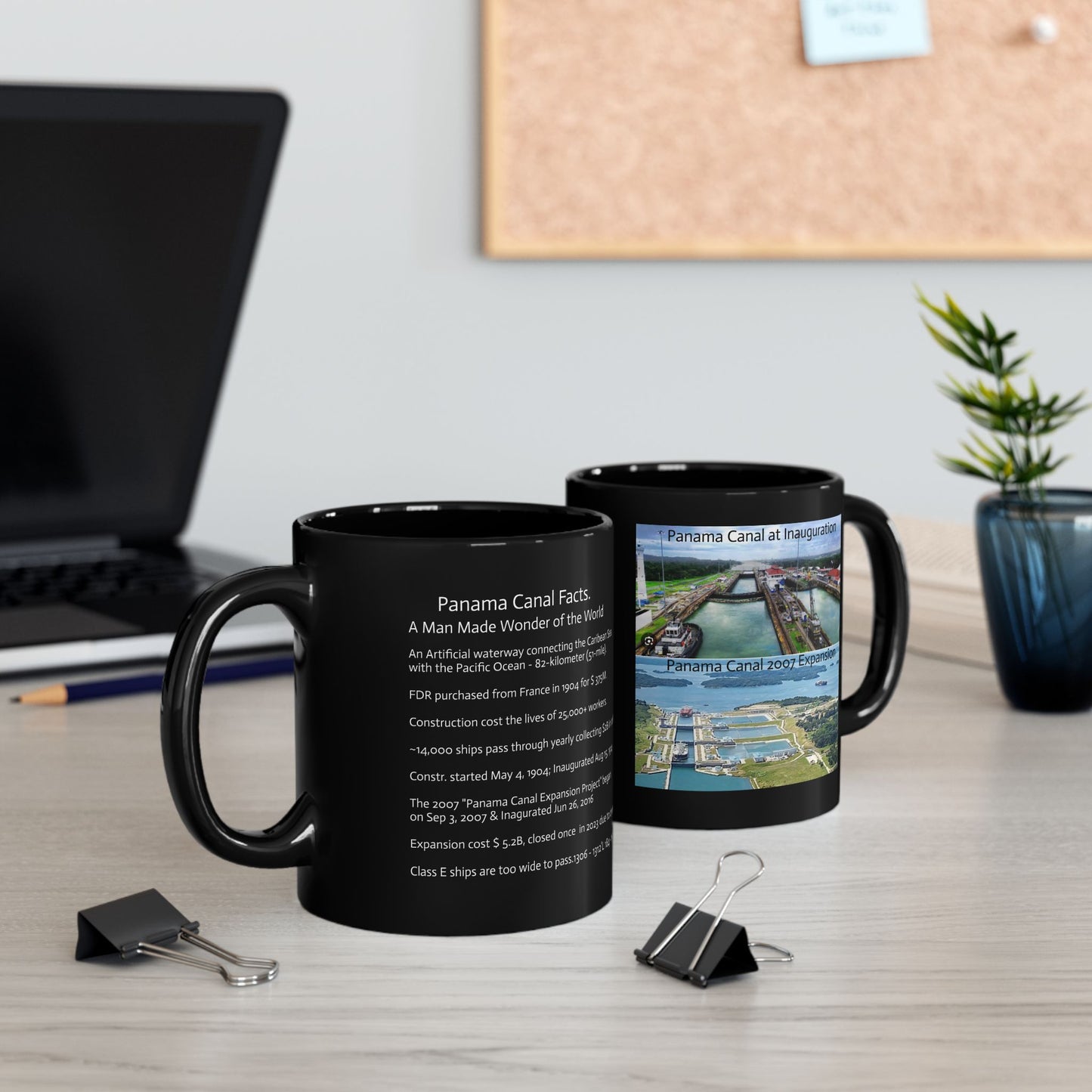Panama Canal - 1904 & 2007 Expansion with Facts Black Mug (11oz, 15oz)