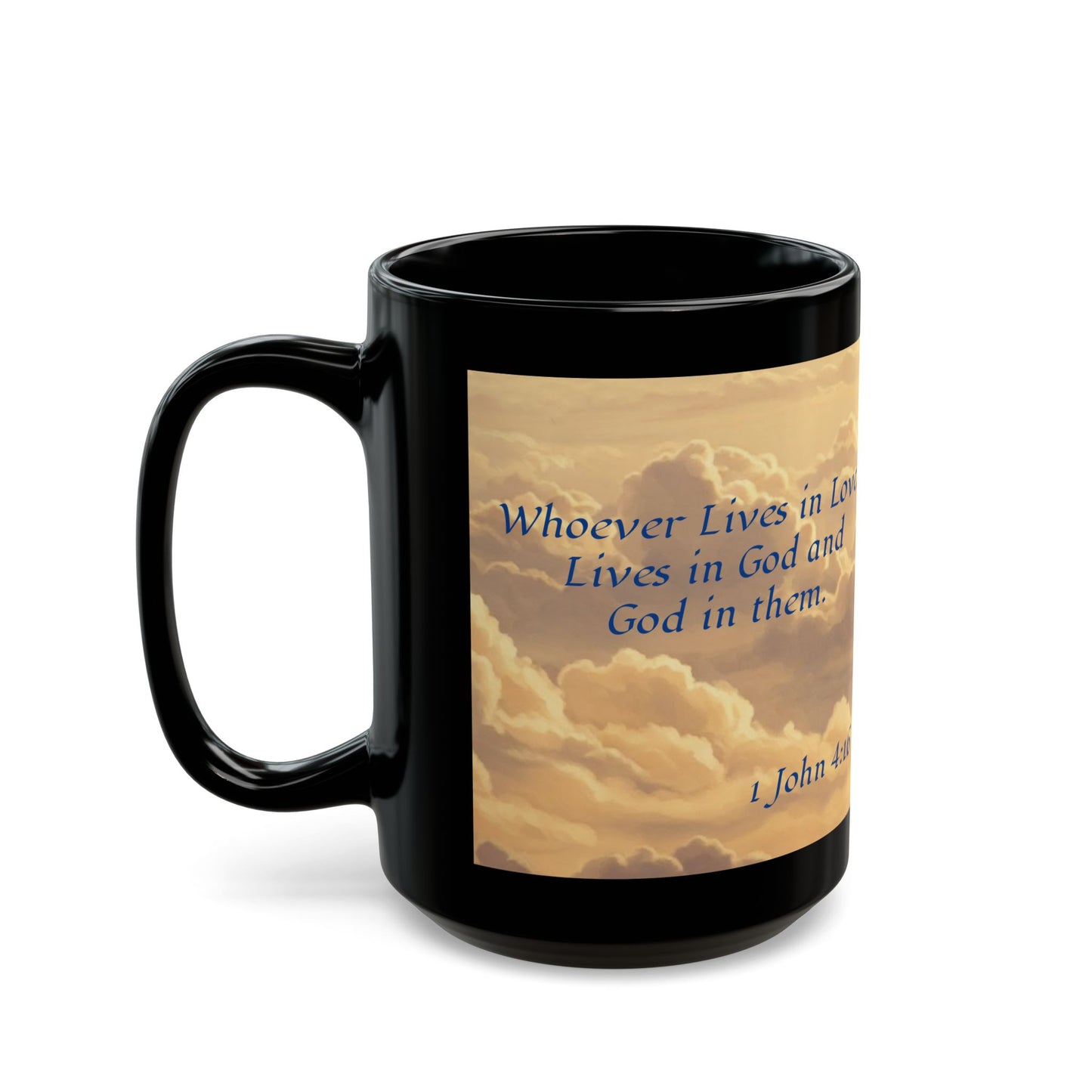 Cupids Angel, 1 John 4:16 Quote, Religious Black Mug (11oz, 15oz)
