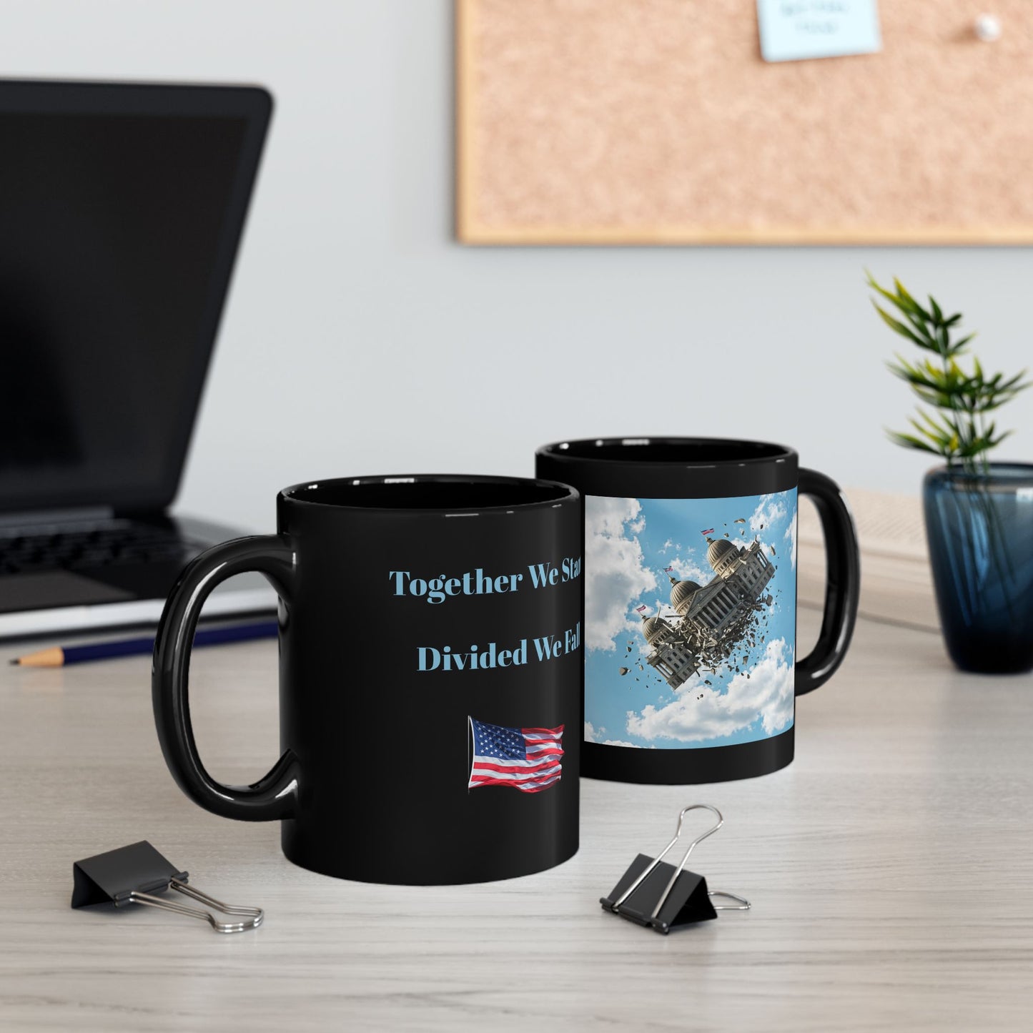 United We Stand Black Mug, Patriotic American Coffee Cup USA Pride Mug.
