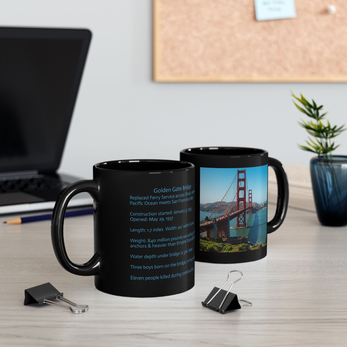 Golden Gate Bridge & Interesting Facts, Black Coffee Cup (11oz, 15oz)