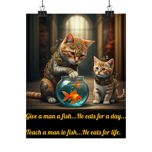 Matte Poster - Cute Steampunk Cat and Kitten Fishing Design wise saying, Vertical Wall Art Print Decor, Unique Kitty Artwork,